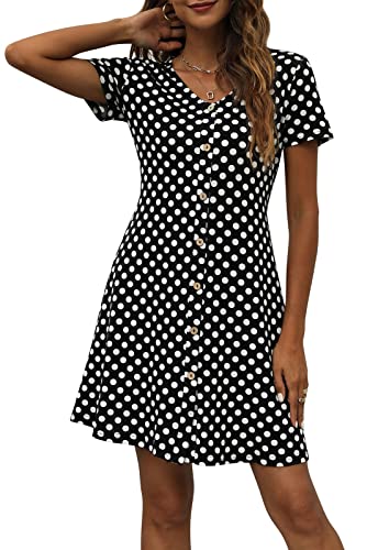 Manydress Women's Button Down Summer Dress Short Sleeve with Pockets - color: Black Dot, size: Small