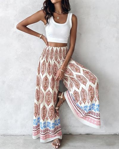 CHICME Womens Boho High Waisted Wide Leg Palazzo Pants Beach Vacation Wear - color: Pink, size: Small