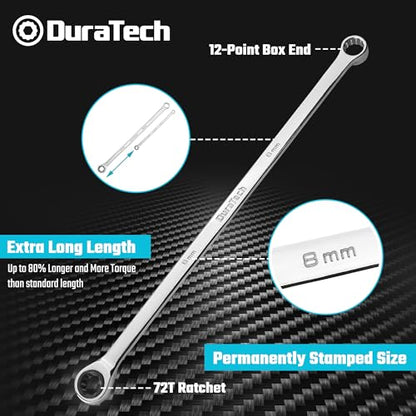 DURATECH 8mm Extra Long Ratcheting Wrench, Metric, CR-V Steel - color: Chrome-plated, size: 8mm