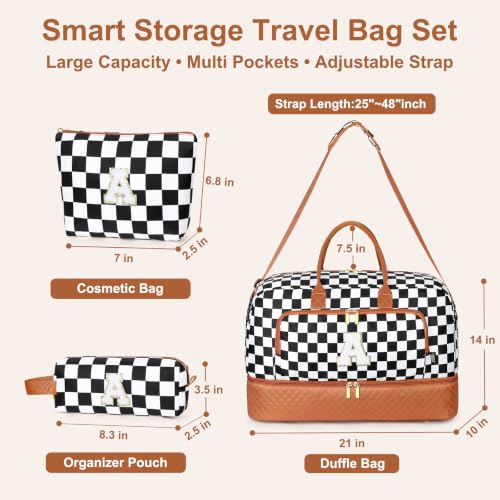 TIBES Gift for Her, Weekender Bag for Women Initial Travel Duffle Bag - color: Black & White Checkerboard, style: L