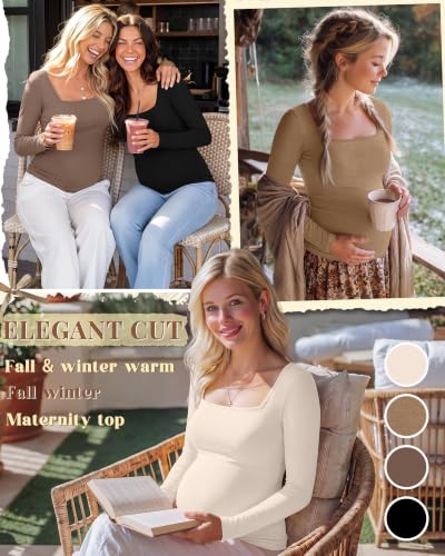 4 Pcs Womens Maternity Long Sleeve Square Neck Shirts - color: Beige, Camel, Coffee, Black, size: Medium