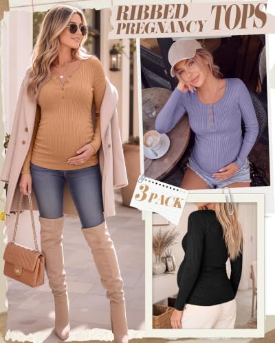 Huukeay 3 Pack Womens Maternity Long Sleeve Shirts - color: Orange, Lavender, Black, size: Small