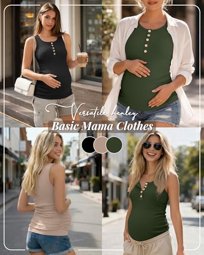 3 Pack Maternity Tank Tops Ribbed Tops - color: Army Green, Khaki, Black, size: X-Large
