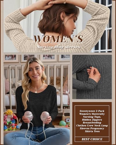 3 Pack Maternity Nursing Ribbed Long Sleeve Tops - color: Black, Apricot, Dark Gray, size: Small