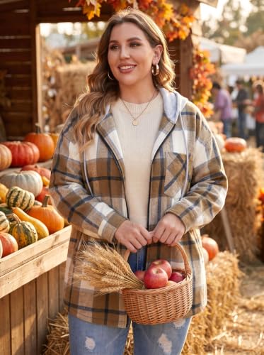 OLRIK Women's Plus Size Hooded Flannel Shacket Zip Up Jacket - color: Beige Brown, size: 5X