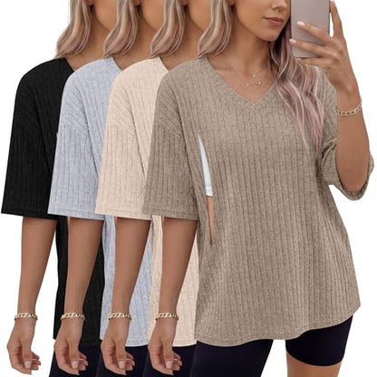 Ficerd 4 Pack Women's Oversize Nursing Shirts - color: Khaki, Cream, Light Gray, Black, size: Small