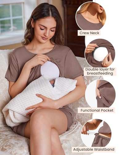 Ekouaer 2 Pack Nursing Pajamas Set Postpartum Outfits for Women - color: Black/Brown, size: Small