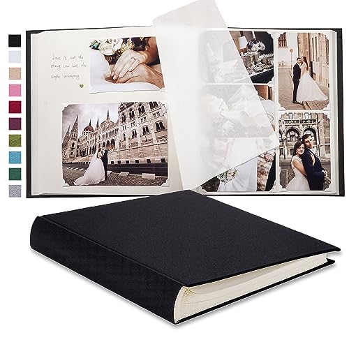 Pssoss Large Linen DIY Scrapbook Album with Writing Space, 100 Pages, Black - color: Black