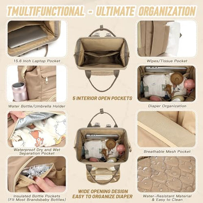 Diaper Bag Backpack with Changing Pad, Large Wide-Open Baby Diaper Bag - color: Khaki