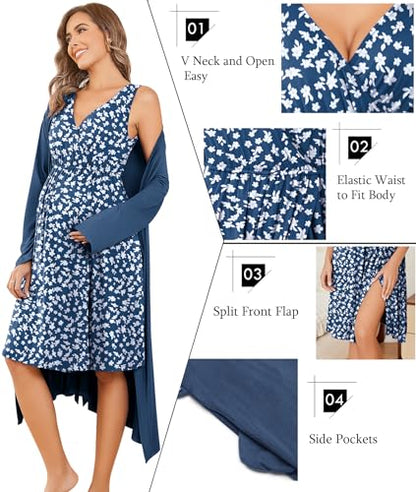 Ekouaer Maternity Nursing Gown and Robe Set Labor Delivery Nightgowns - color: Blue Daisy, size: X-Large