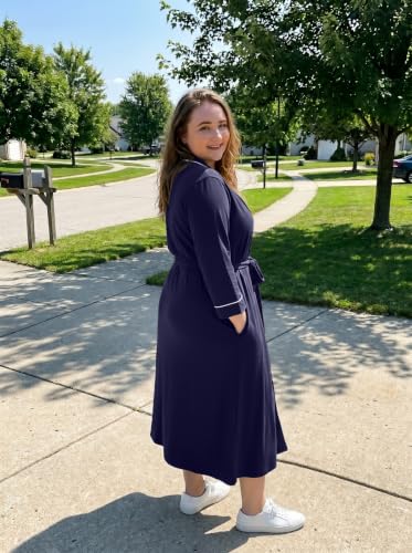 OLRIK Womens Plus Size Robe Long Knit Bathrobe V Neck Loungewear - color: Navy Blue, size: 3X