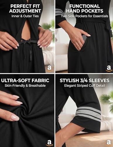 Ekouaer Womens Robe Lightweight 3/4 Sleeve Soft Knit Bathrobe Sleepwear - color: Black, size: X-Small