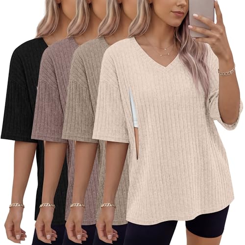 Ficerd 4 Pack Women's Oversize Nursing Shirts - color: Cream, Khaki, Light Coffee, Black, size: Large