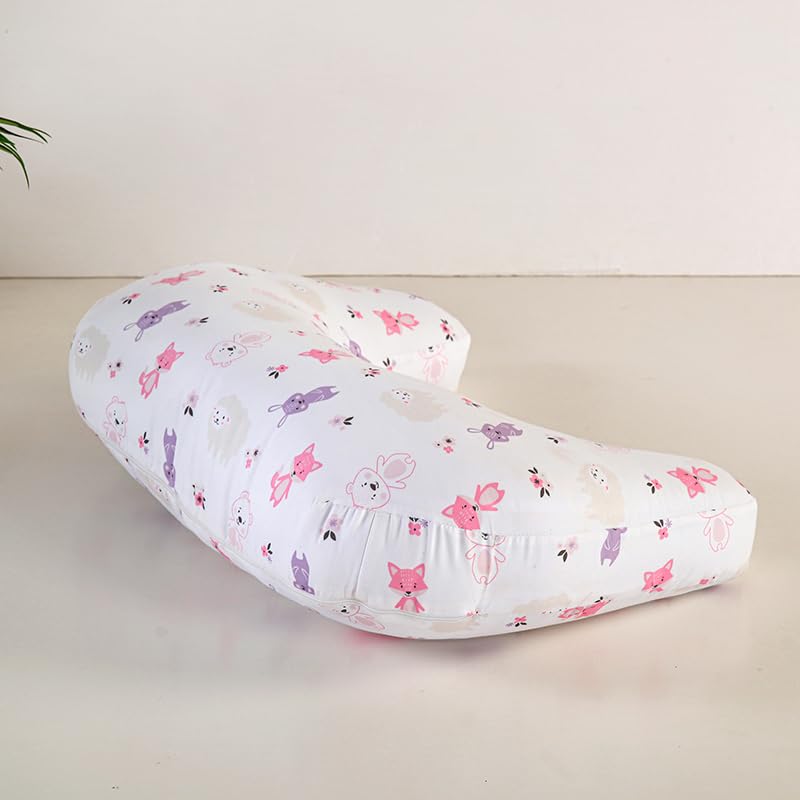 U-Shape Breastfeeding Nursing Pillow Set, 1 Insert and 2 Removable Covers - color: Pink & White Animals Party