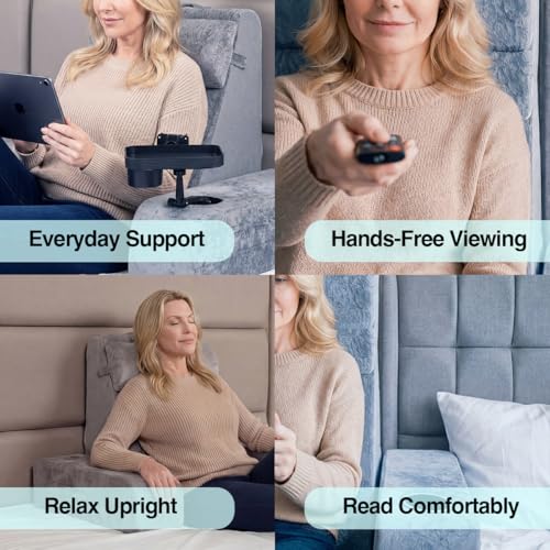 Reading Pillow for Adults – 24in XL, Cup Holder, Phone Caddy & Tray Mount - color: Grey