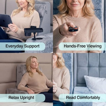 Reading Pillow for Adults – 24in XL, Cup Holder, Phone Caddy & Tray Mount - color: Grey