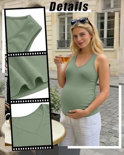 3 Pack Maternity Tank Tops Ribbed V Neck - color: Gray Green, Light Coffee, Black, size: Large