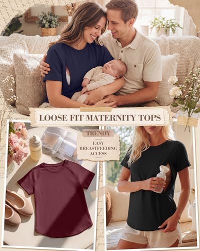 3 Pack Womens Nursing Tops - color: Wine Red, Navy Blue, Black, size: Small