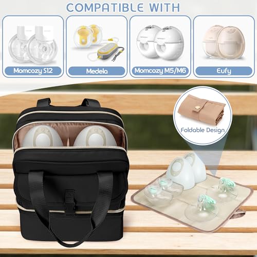 Fasrom Breast Pump Bag with Cooler Compartment, Wearable Pumping Backpack - color: Black
