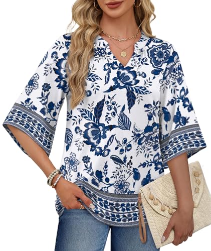 WIHOLL Boho Tops for Women Summer Spring 3/4 Sleeve Dressy Fashion V Neck Casual 2026 Business Beach Plus Size Resort Blouses - color: Ethnic Floral, size: Small