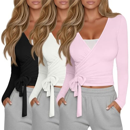 Oakgarden 3 Pack Womens Pilates Ballet Wrap Tops Front Tie Shirt - color: Black, Beige White, Pink, size: X-Large
