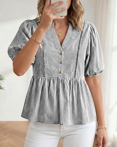 dowerme Women Lantern Sleeve Button Up Stripes Babydoll Tops - color: Black, size: Medium