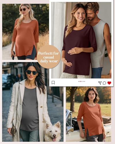 3 Pack Women's 3/4 Sleeve Maternity Loose Crewneck Tops - color: Burgundy, Mixed Gray, Pumpkin, size: Small