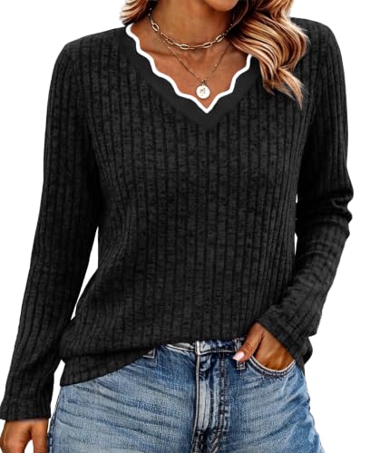 WIHOLL Long Sleeve Womens Shirts Lightweight Fall Tunic Top V Neck Sweaters - color: 02-black, size: Medium