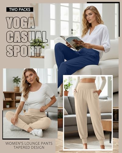 Locoowai 2 Pack Women's Yoga Sweatpants with Pockets - color: Apricot, Haze Blue, size: Medium