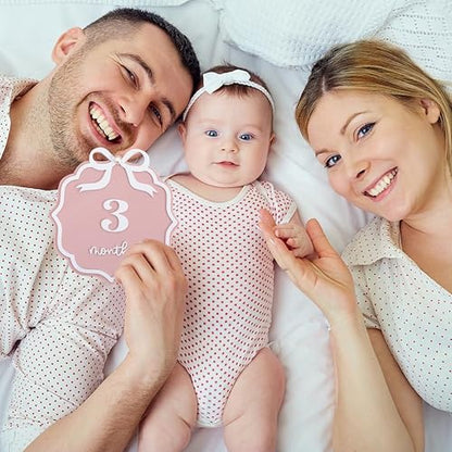 Pink Acrylic 1 to 12 Months Milestone Cards - Bow Nursery Decorations