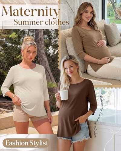 3 Pack Women's 3/4 Sleeve Maternity Loose Crewneck Tops - color: Cream, Khaki, Coffee Grey, size: Medium