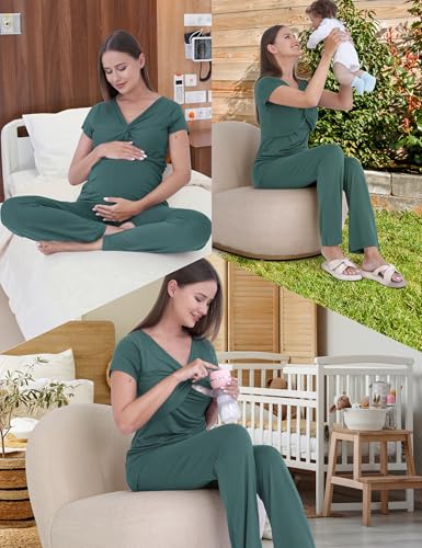 3-Piece Maternity Nursing Pajamas Set for Pregnancy & Postpartum - color: Teal, size: Small