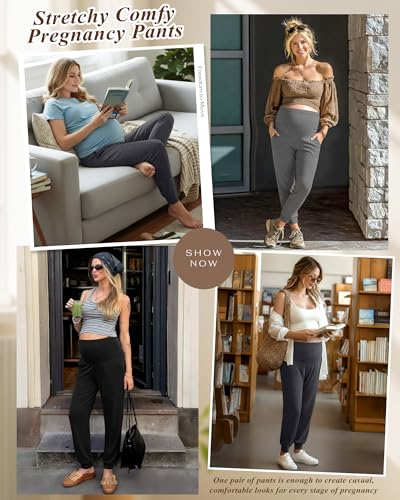 3 Pack Women's Maternity Pants - color: Light Heather Gray, Dark Heather Gray, Black, size: Medium