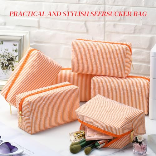 Sanwuta 6 Pcs Seersucker Cosmetic Bags Bulk, Striped Zippered,Orange - color: Orange