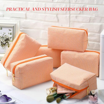 Sanwuta 6 Pcs Seersucker Cosmetic Bags Bulk, Striped Zippered,Orange - color: Orange