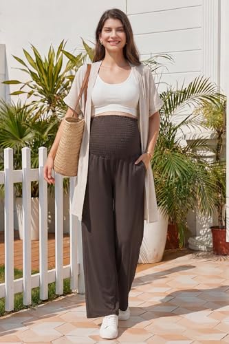 OUGES Womens Lyocell Cotton Maternity Pants Over Belly Smocked Waist Stretchy Casual Wide Leg Palazzo Pants with Pockets - color: Dark Brown, size: Large