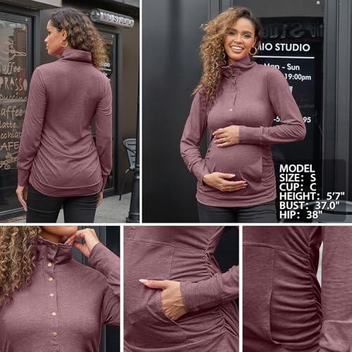 Bhome Maternity Shirt Casual Long Sleeve Half Button Front Lightweight Sweatshirts Slim Fit Pullover Tops with Pockets - color: Burgundy, size: X-Large
