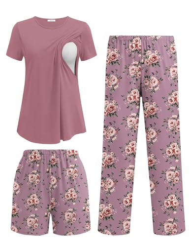 Ekouaer 3 Piece Maternity Nursing Pajamas Set Short Sleeve Breastfeeding Pjs - color: Pink Purple-flower, size: Medium