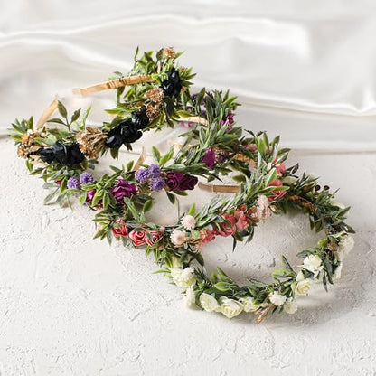 Black Flower Crown Headband, Fairy Dark Floral Headpiece - color: Black