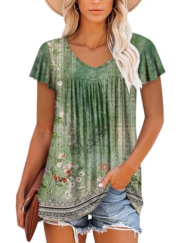 ROSELINLIN Womens Ruffle Sleeve Tunic Tops V Neck Loose Fit Short Sleeve Summer Shirts - color: A Ruffle Sleeve Grass Green, size: X-Large