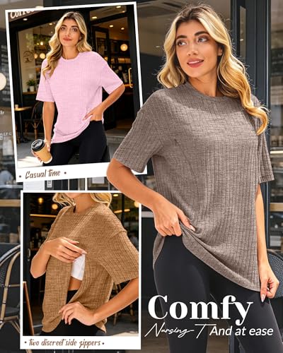 Huukeay 4 Pack Women's Nursing Shirts - color: Ginger Yellow, Light Pink, Khaki, Light Coffee, size: X-Large