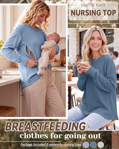 Oakgarden 3 Pack Women's Oversized Nursing Tops - color: Light Blue, Light Gray, Haze Blue, size: Medium