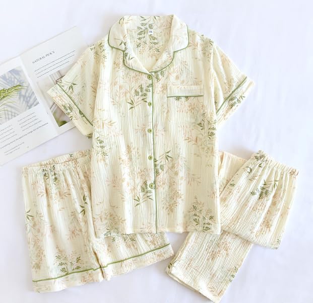 codcm Womens 3pcs Cotton Pajamas Set Short Sleeve Sleepwear Fruit Print Cute Pj Set with Long Pants - color: Flower04, size: X-Small