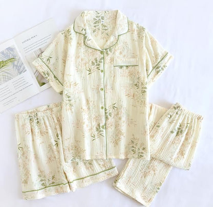 codcm Womens 3pcs Cotton Pajamas Set Short Sleeve Sleepwear Fruit Print Cute Pj Set with Long Pants - color: Flower04, size: X-Small