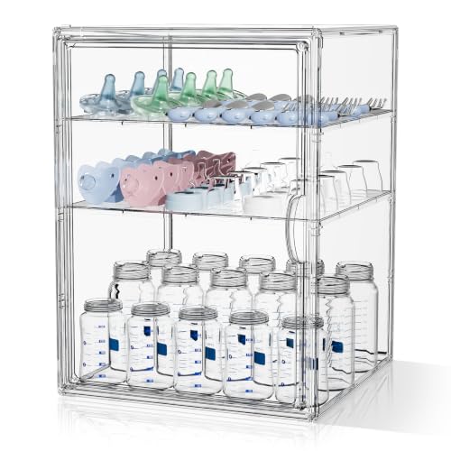 MSHOMEY Baby Bottle Storage Organizer for Countertop Cabinet 4 Tiers Clear Plastic Bottle Station Organizer with 3 Adjustable Divider, Baby Bottles Holder Rack for Rings, Nipples, Pump Parts, XXX-L - size: XXXL