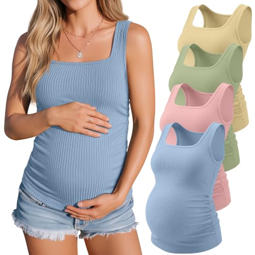 4 Pack Maternity Ribbed Tank Tops - color: Sea Blue, Blush, Light Green, Yellow, size: Medium