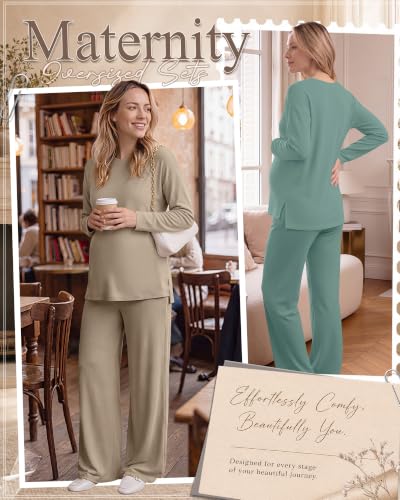 Huukeay 2 Pack Maternity Long Sleeve Pajamas Sets - color: Gray Green, Khaki, size: Medium