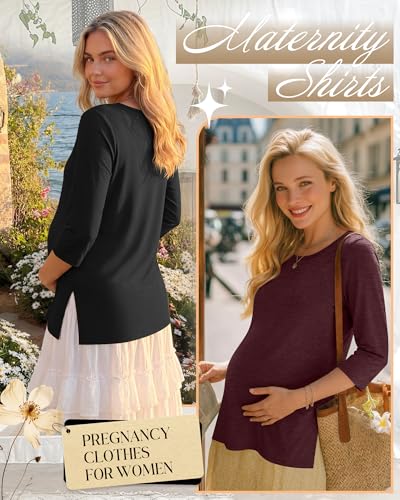 3 Pack Women's 3/4 Sleeve Maternity Loose Crewneck Tops - color: Light Green, Wine Red, Black, size: Medium