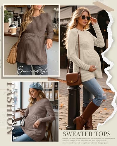 3 Pack Maternity Shirts Long Sleeve Ribbed Sweaters - color: Apricot, Coffee, Dark Camel, size: X-Large