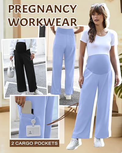 2 Pack Women's Maternity Scrub Pants with 6 Pockets - color: Black, Sky Blue, size: Large